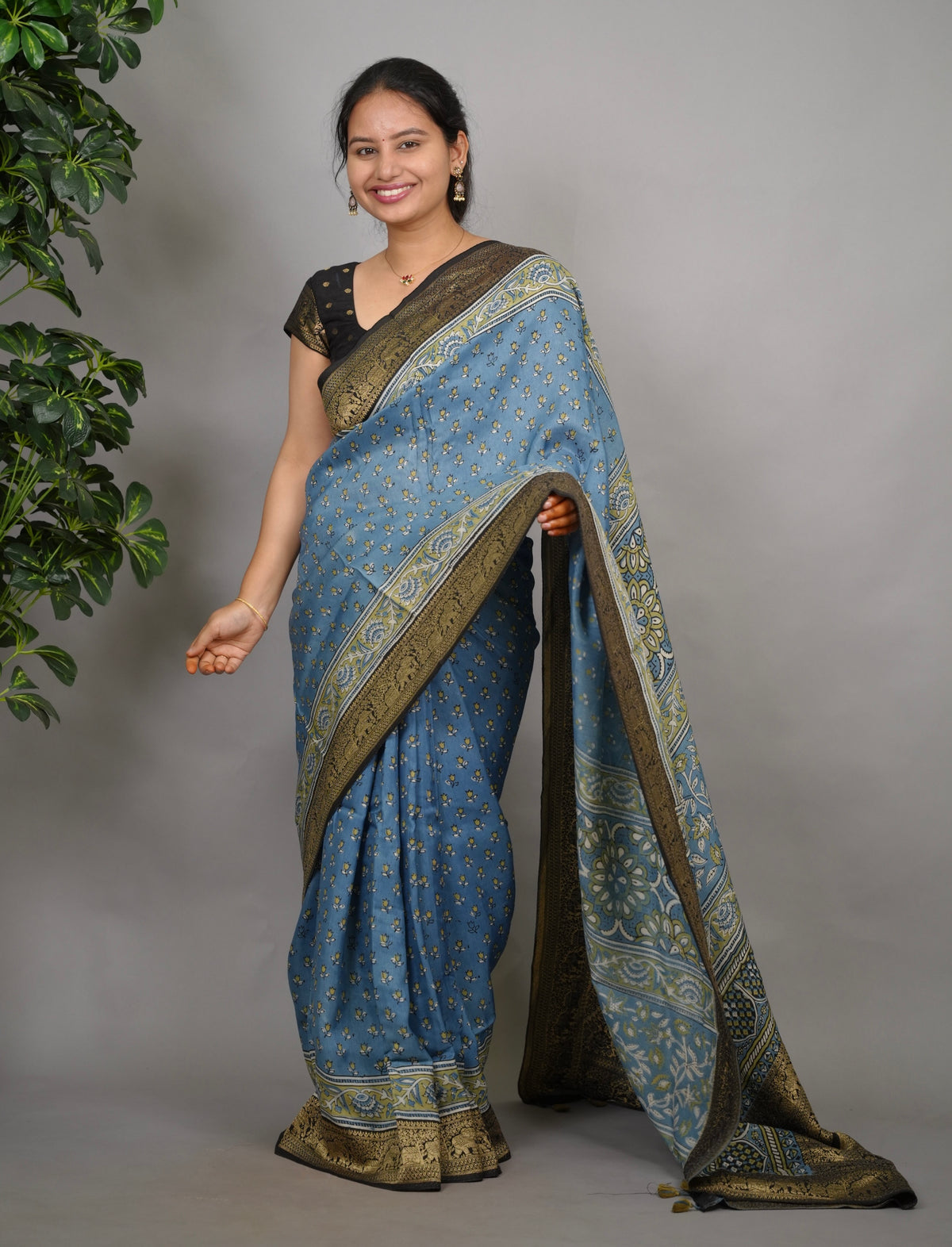 Ajrakh Dola Silk Saree - Blue | Looms & Tassels