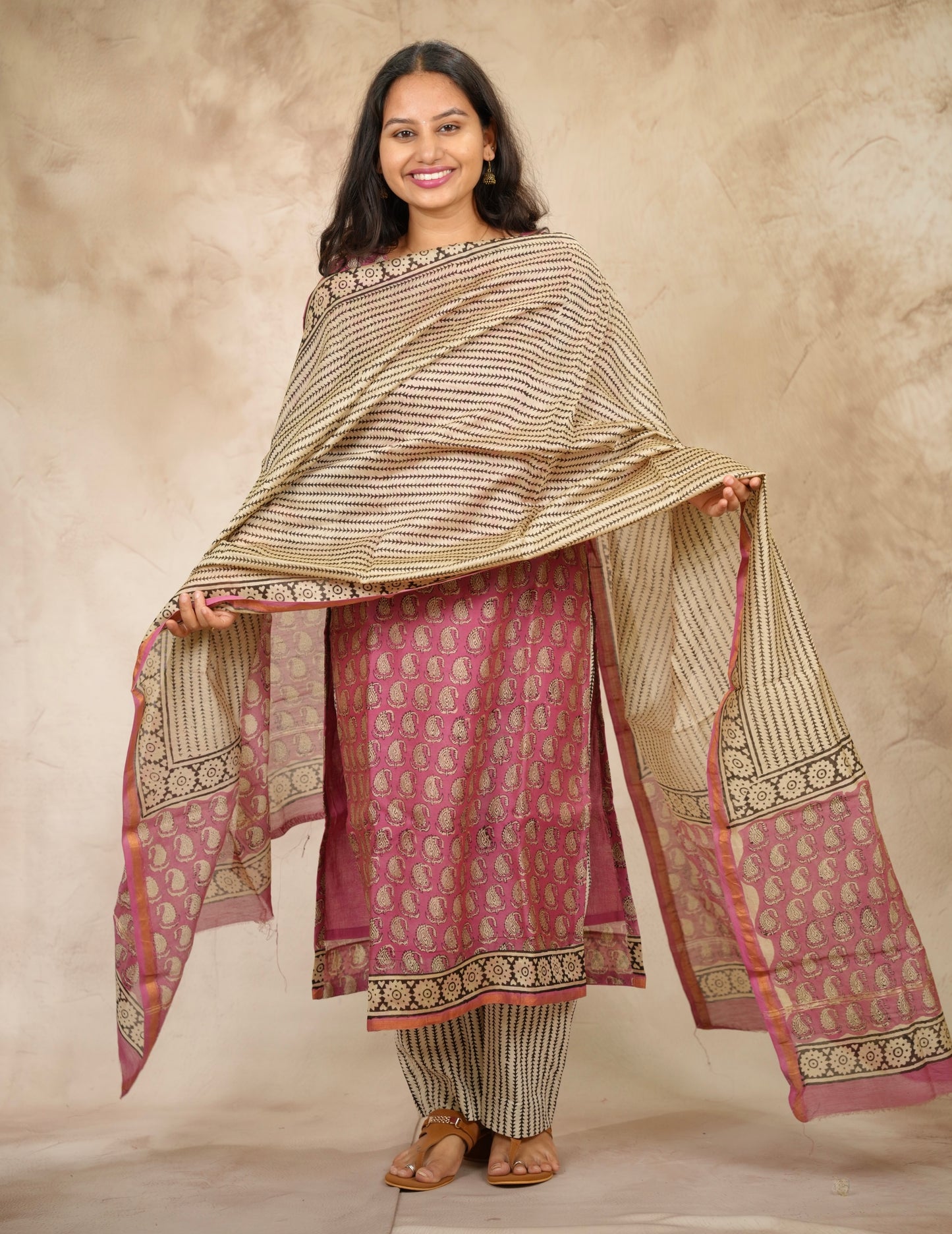 Pink Handblock printed Pure Chenderi Silk 3 piece suit (stitched) | Looms & Tassels