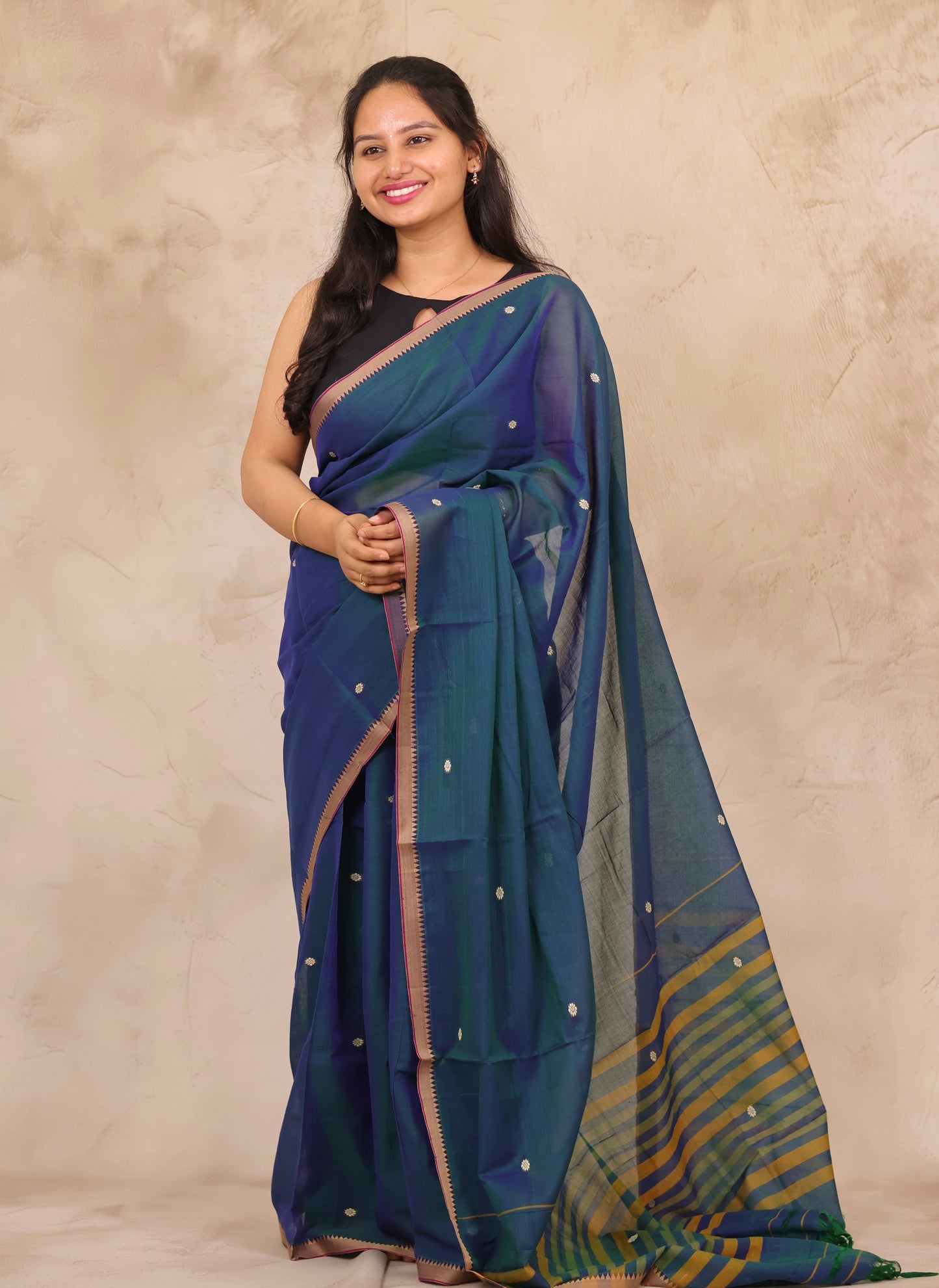 Peacock Blue Narayanpet Cotton Saree With Butta Weaving | Looms & Tassels