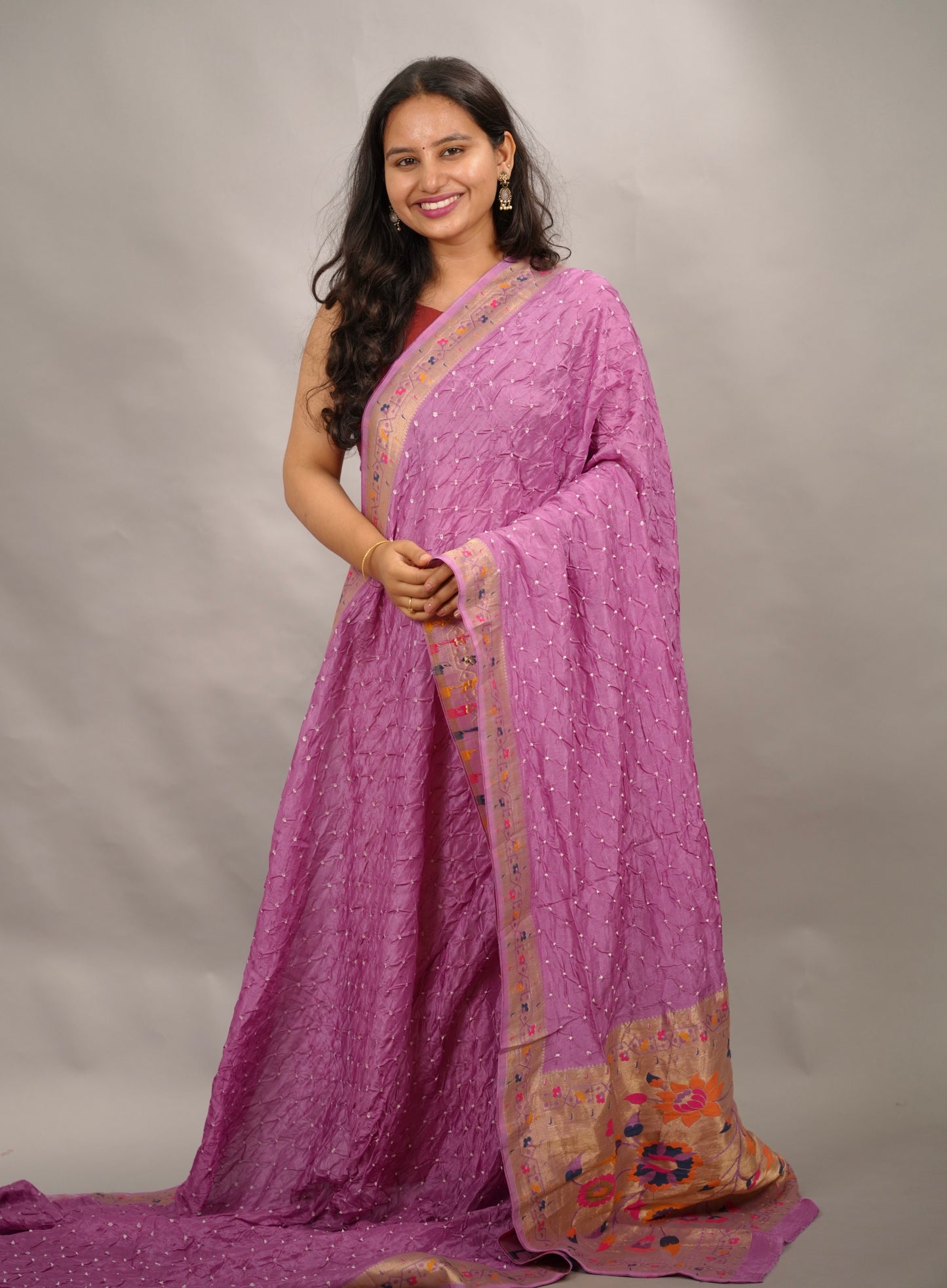 Lilac Handcrafted Bandhani Paithani Dola Silk Saree | Looms & Tassels