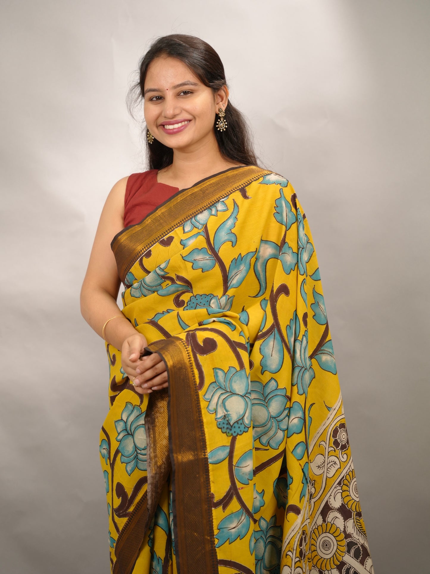 Yellow Kalamkari Nizam Border Chennur Silk Saree | Looms & Tassels
