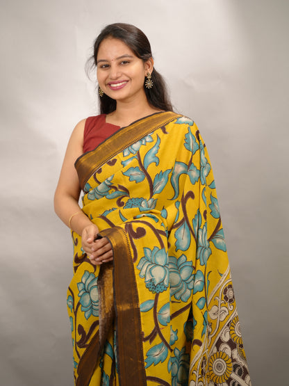 Yellow Kalamkari Nizam Border Chennur Silk Saree | Looms & Tassels