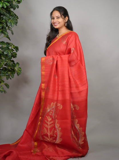 Red Handloom Jamdhani Pure Matka Silk Saree with Muslin Silk Pallu