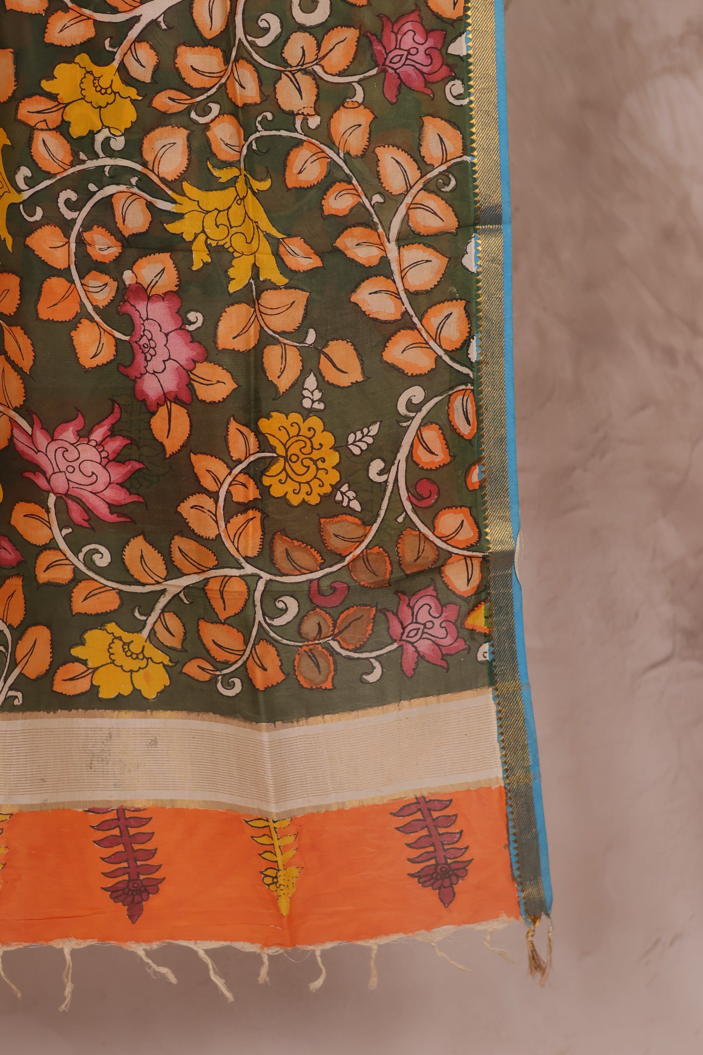 Green Pen Kalamkari Mangalagiri silk Dupatta
