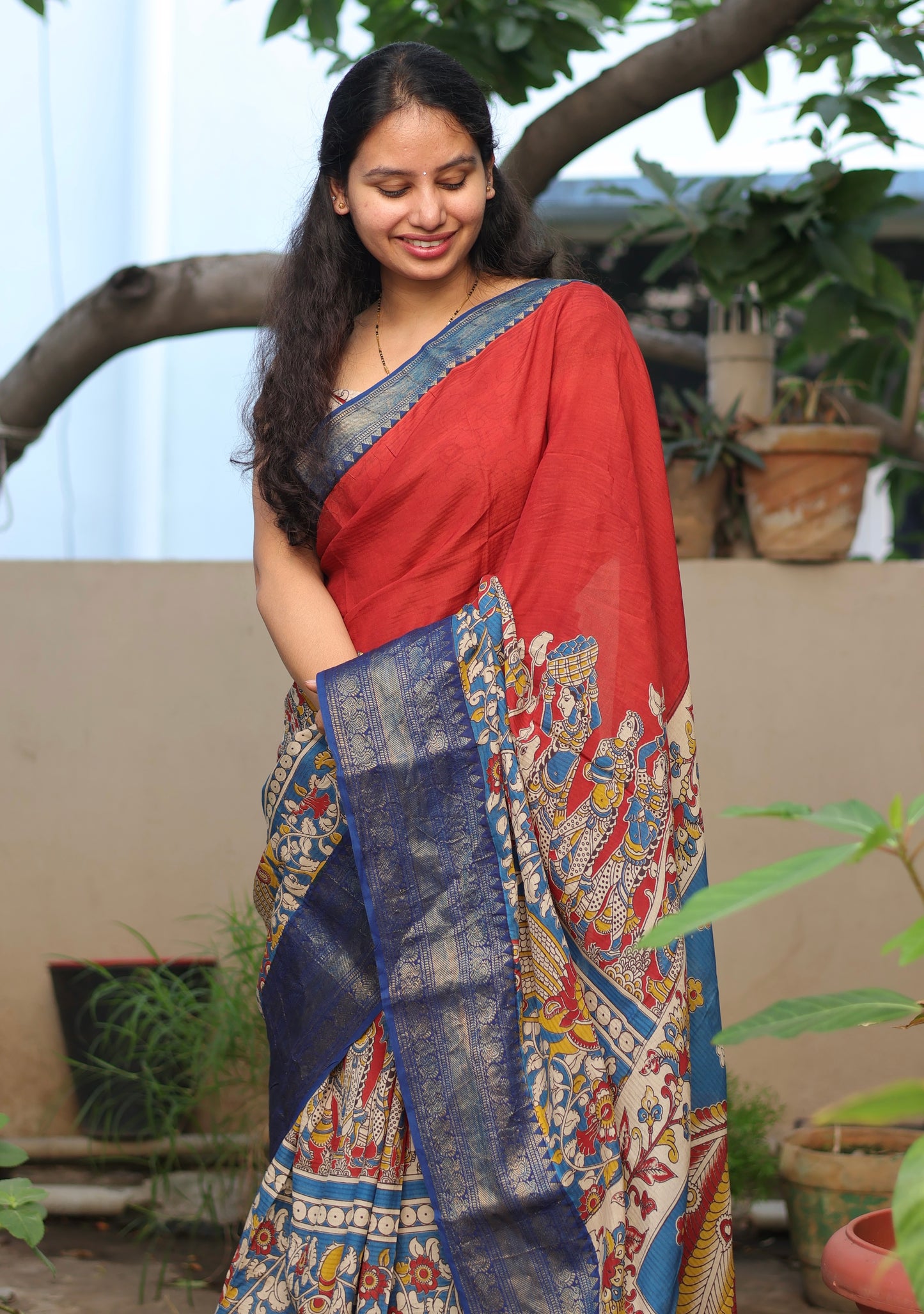 Red & Blue Madhubani Kalamkari Silk Handcrafted Kanchi Border Saree