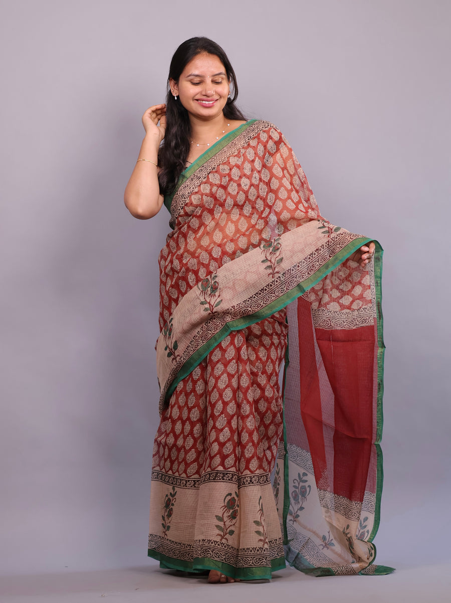 Pure Kota Doria Saree with Bagru Handblock Prints – Maroon | Looms&Tassels
