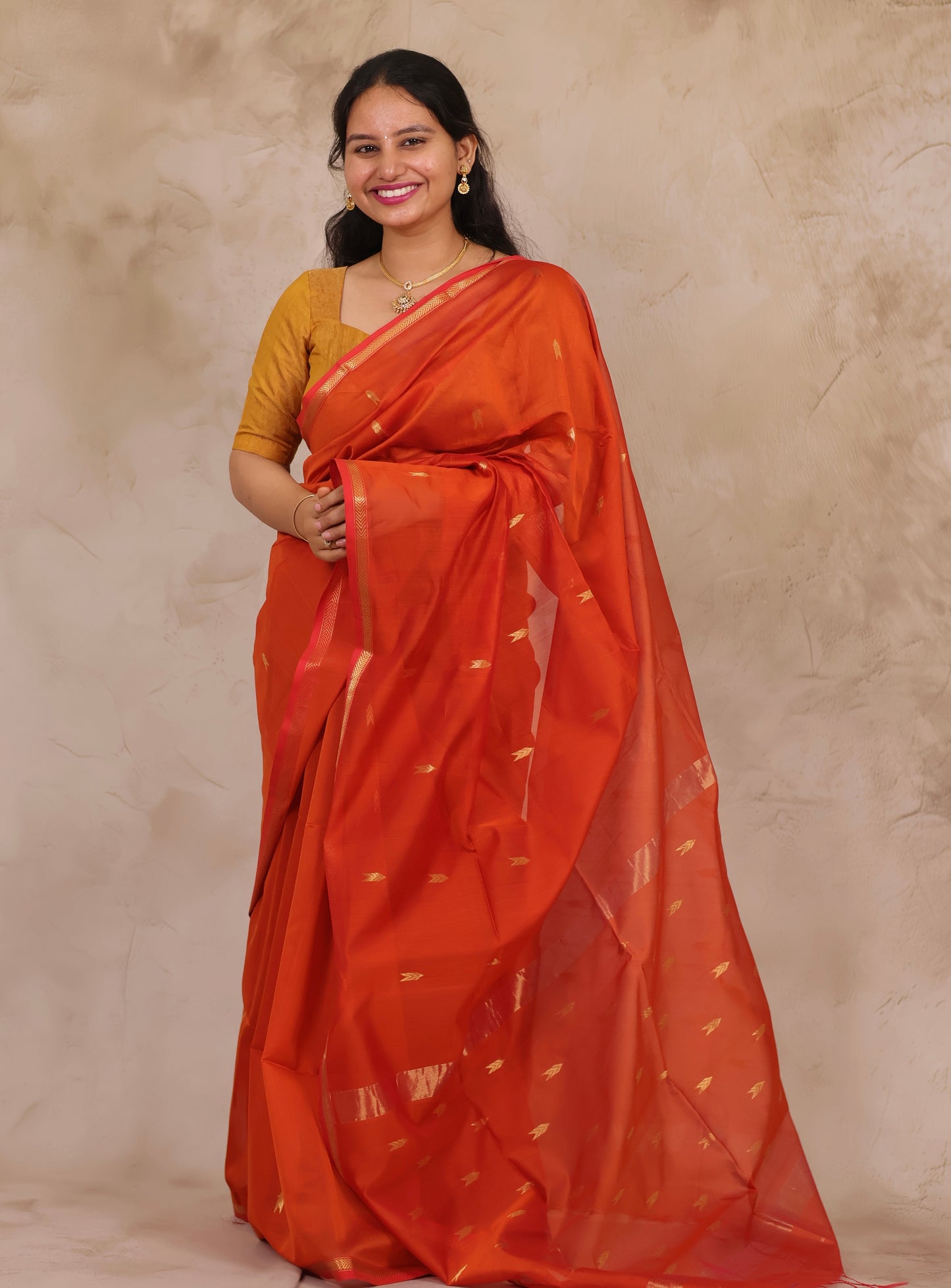 Orange Handloom Maheswari Silk Cotton Sarees | Looms & Tassels