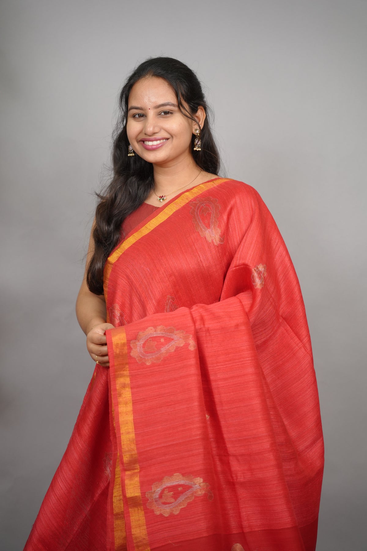 Red Handloom Jamdhani Pure Matka Silk Saree with Muslin Silk Pallu