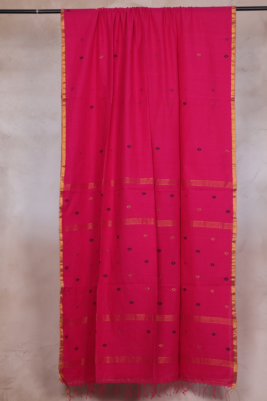 Pink Pure Handwoven Mercerised Cotton Saree with Mina Jari Butta Weaving | Looms & Tassels