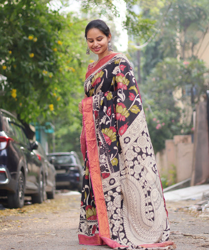 Black Nizam Border Kalamkari Silk Saree