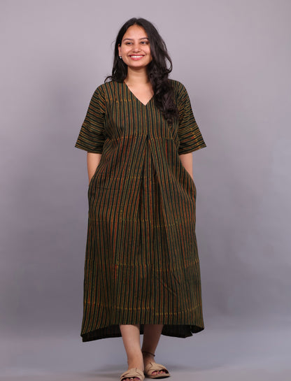 Green Ajrakh Handblock Printed Cotton Kaftan – Elegant & Breathable Ethnic Wear | Looms & Tassels