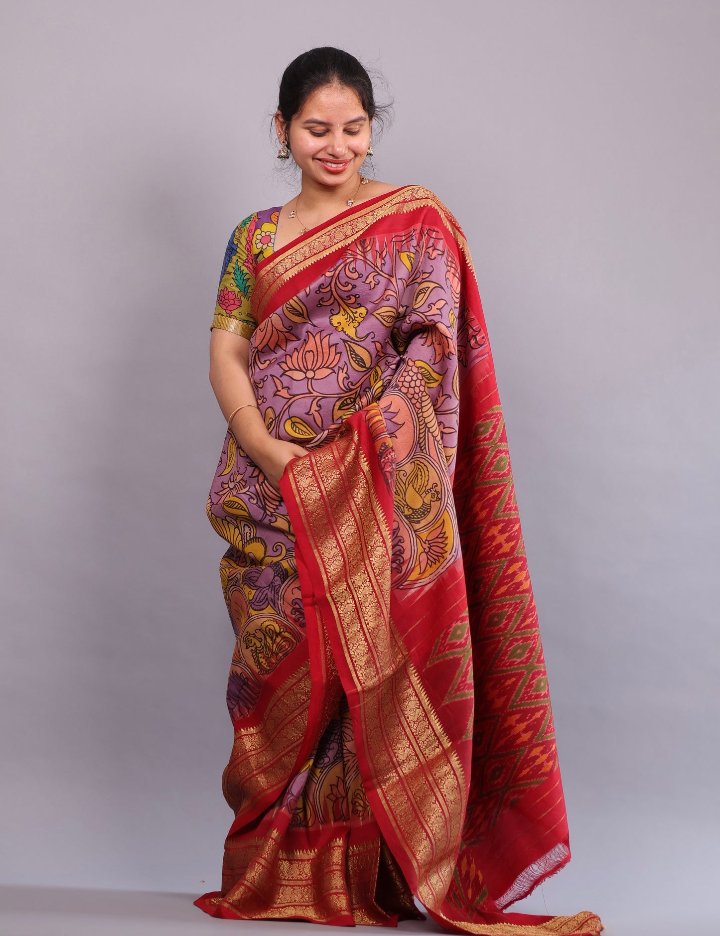 Lavender Kanchi Pattu Hand Painted Pen Kalamkari Saree