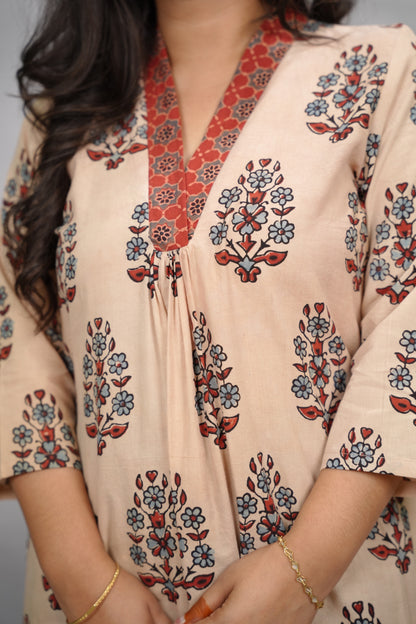 Cream Ajrakh Cotton Patchwork Aline Kurta | Looms & Tassels