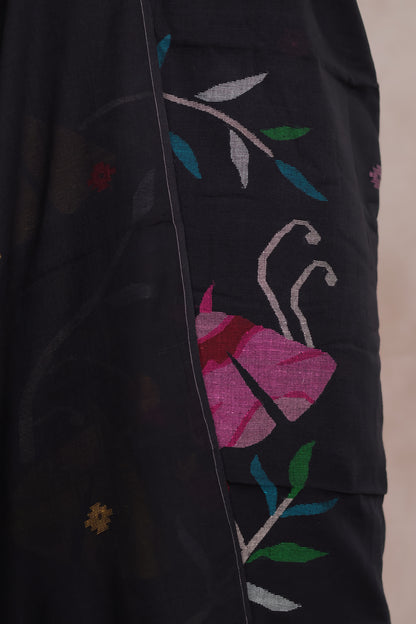 Black Handwoven Jamdhani weaving pure Malai cotton 2 piece suit sets | Looms & Tassels