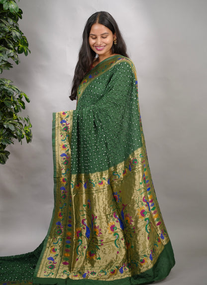 Green Handcrafted Bandhani Paithani Dola Silk Saree | Looms & Tassels