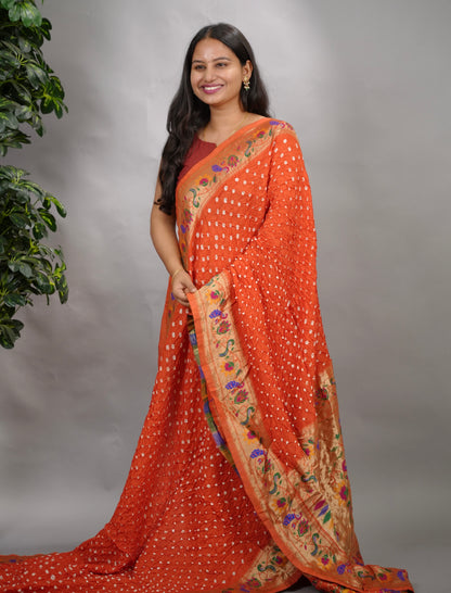 Orange Handcrafted Bandhani Paithani Dola Silk Saree | Looms & Tassels