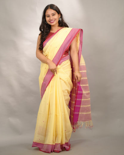 Cream Handloom Venkatagiri Cotton Saree Without Blouse | Looms & Tassels