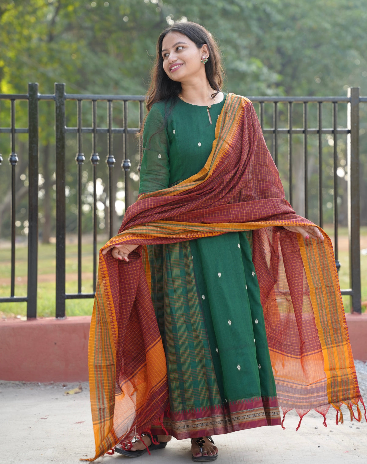 Green Narayanpet Cotton Anarkali Dress with Narayanpet Dupatta | Looms & Tassels