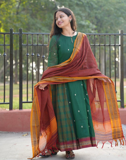 Green Narayanpet Cotton Anarkali Dress with Narayanpet Dupatta | Looms & Tassels