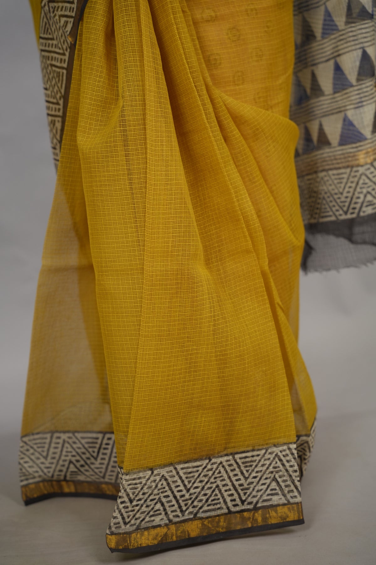Mustard Pure Kota Doria Saree with Bagru Handblock Prints