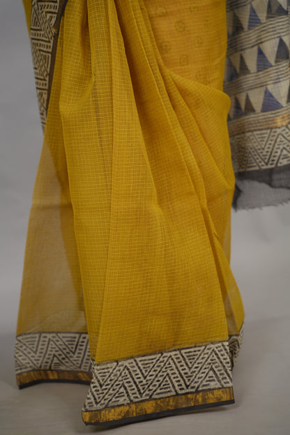 Mustard Pure Kota Doria Saree with Bagru Handblock Prints