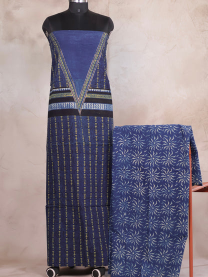 Blue Ajrakh Handblock Printed Pure Cotton 3 piece suit set | Looms & Tassels