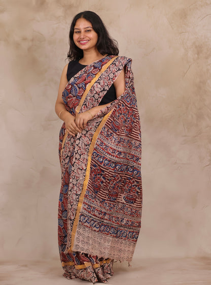 Hand Block Printed Kalamkari Chennur Silk Saree