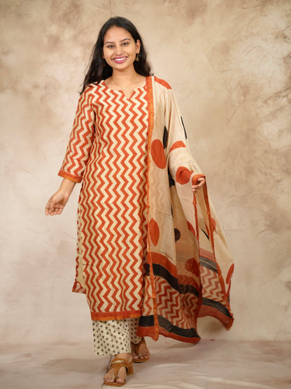 Handblock printed Pure Chenderi Silk 3 piece suit (stitched) |  Looms & Tassels