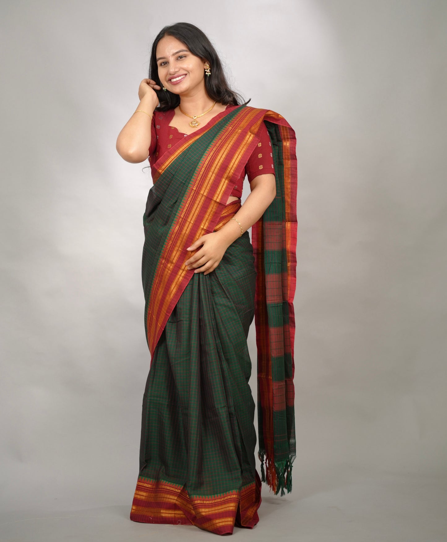 Bottle Green Checks Narayanpet Cotton Saree with Traditional contrast Border | Looms & Tassels