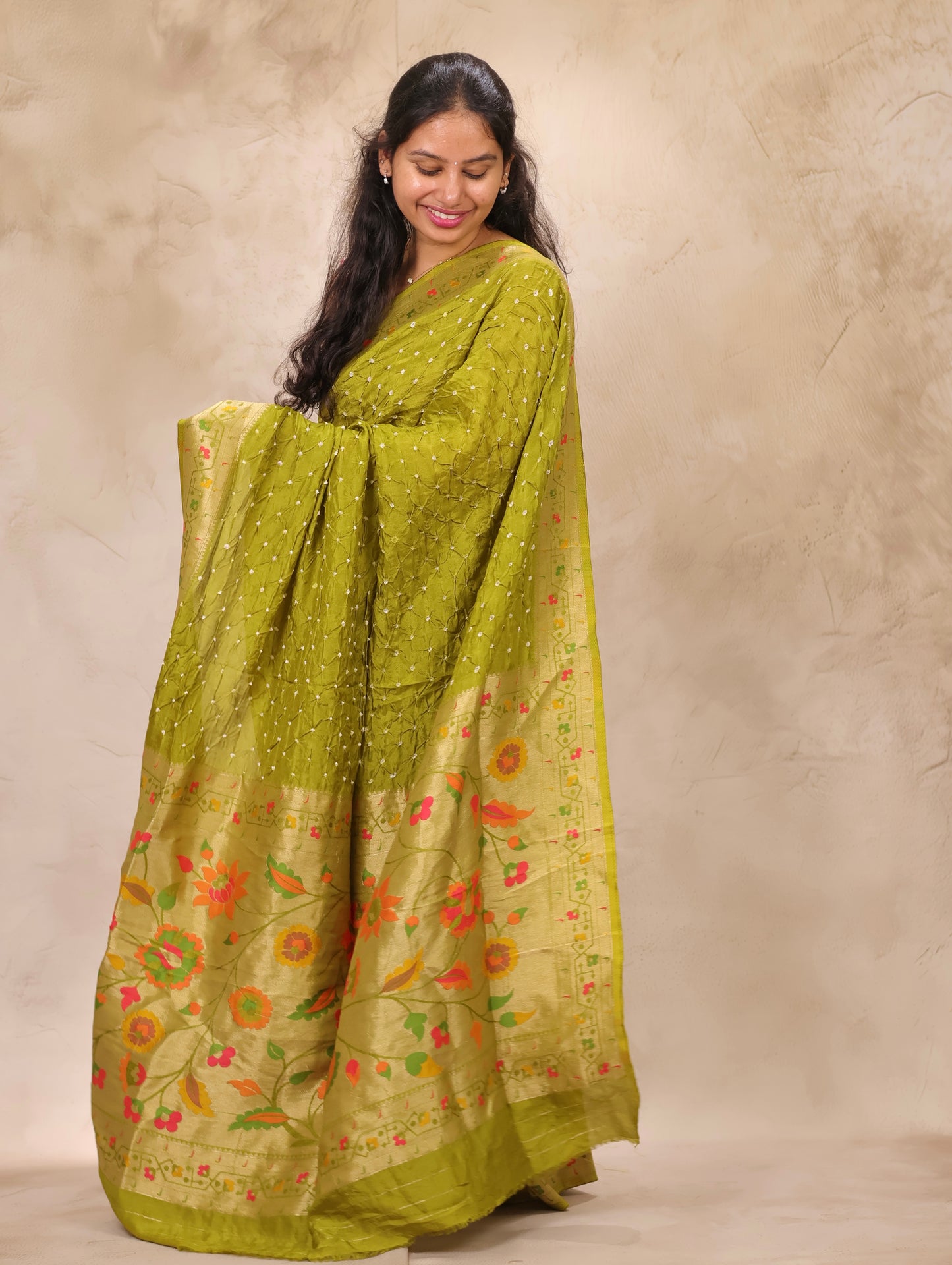 Olive Green Handcrafted Bandhani Paithani Dola Silk Saree | Looms & Tassels