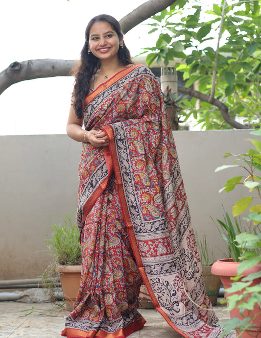 Red Hand Block Printed Kalamkari Nizam Border Silk Sare