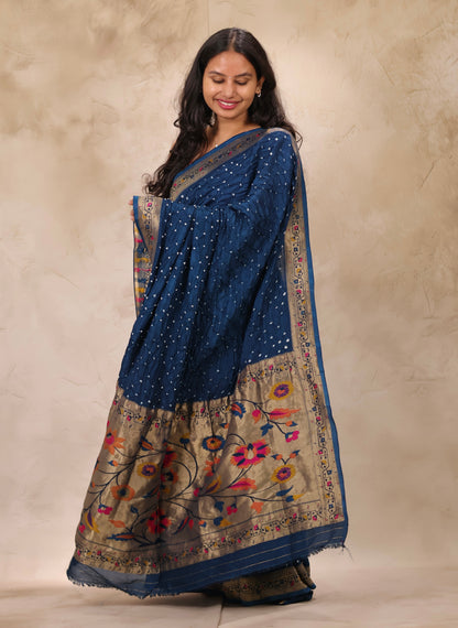 Cyan Blue Handcrafted Bandhani Paithani Dola Silk Saree | Looms & Tassels