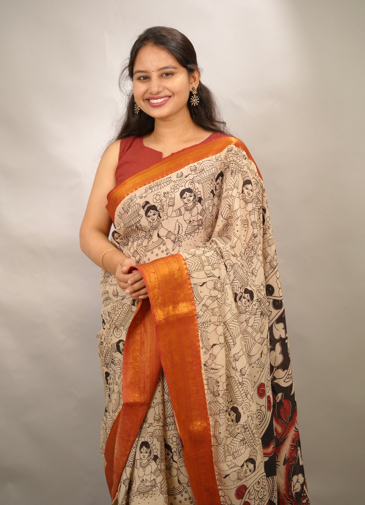 Cream Outline Kanchi border Kalamkari Chennur Silk Saree | Looms & Tassels
