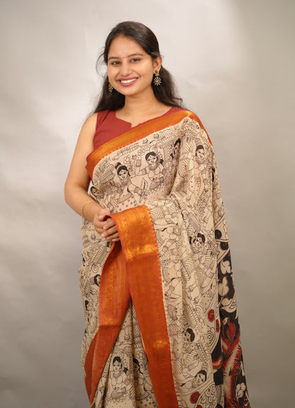 Cream Outline Kanchi border Kalamkari Chennur Silk Saree | Looms & Tassels
