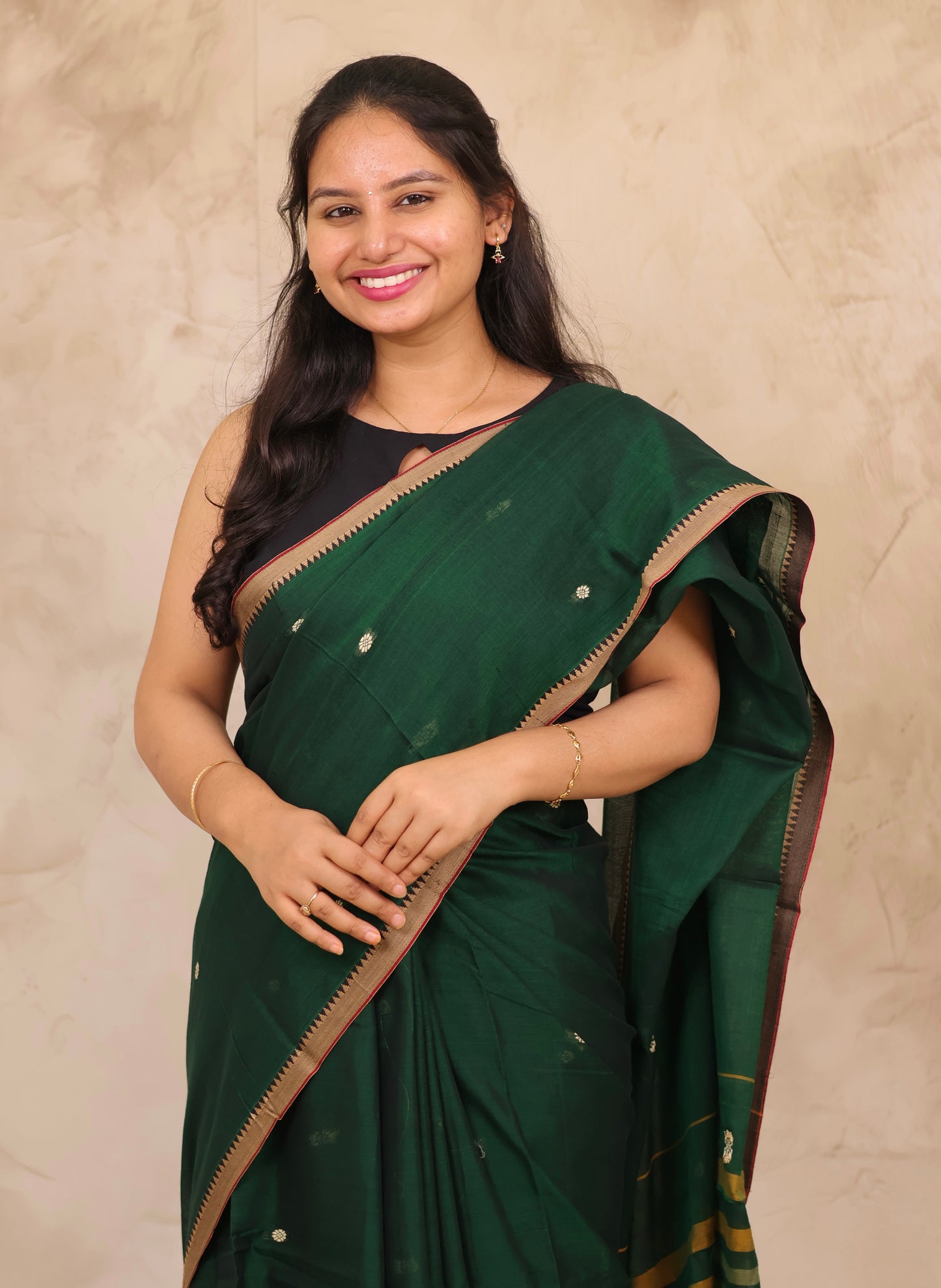 Green Narayanpet Cotton Saree With Butta Weaving | Looms & Tassels