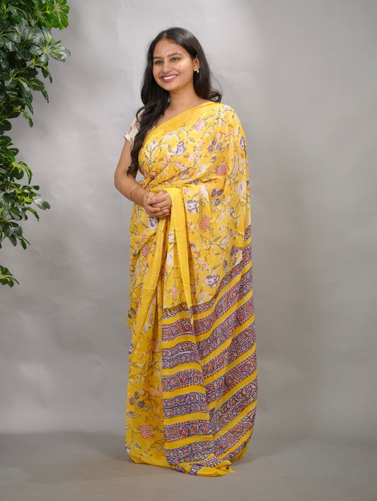Yellow Georgette Hand Block Printed Saree| Looms & Tassels