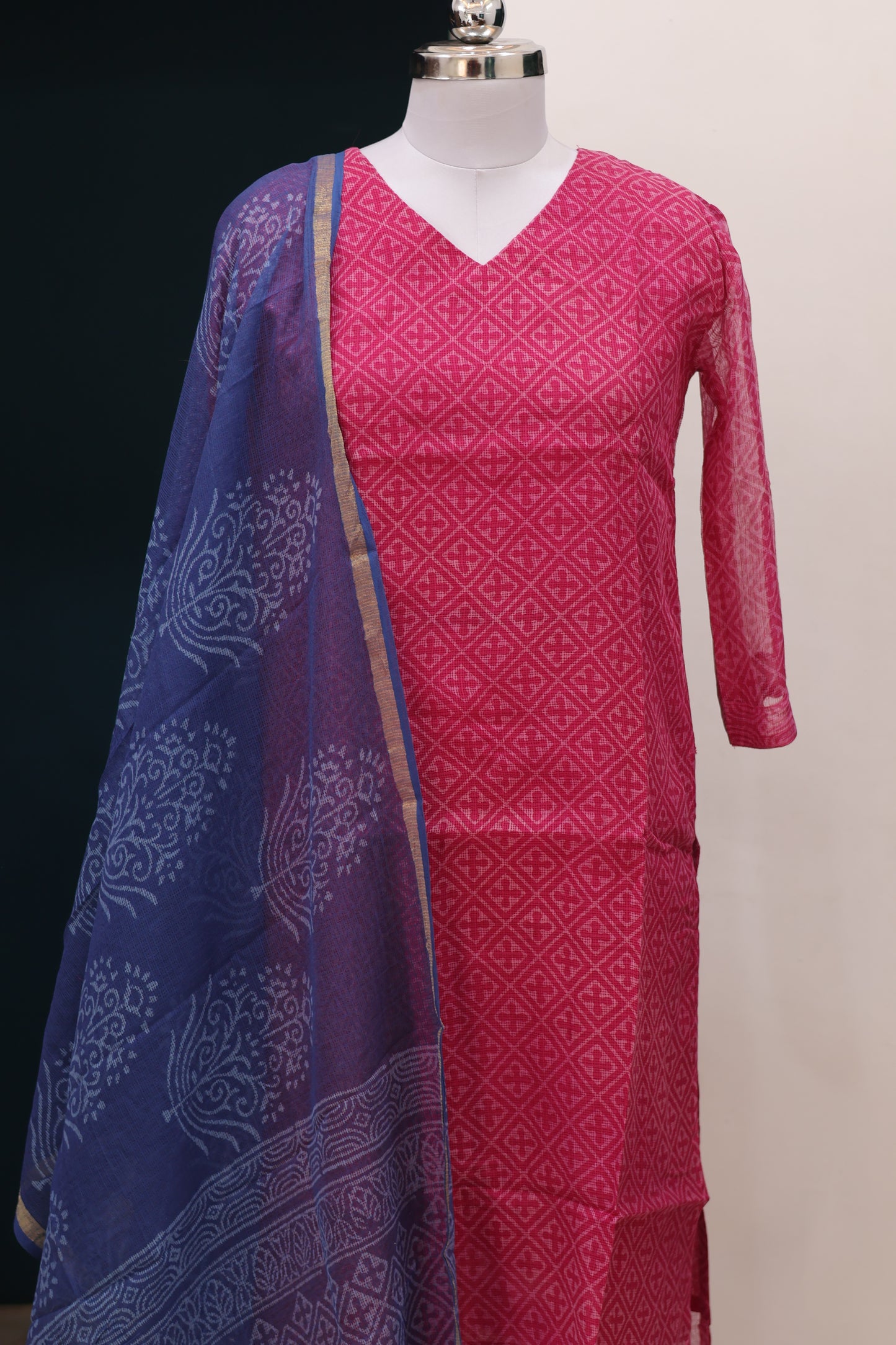 Pink Handblock printed kota 3 piece suit (stitched)