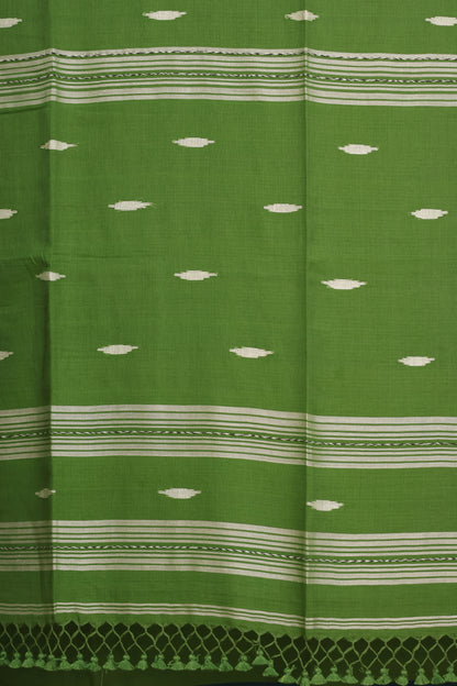 Olive Green Pure Handwoven Malai Cotton Saree with Butta Weaving