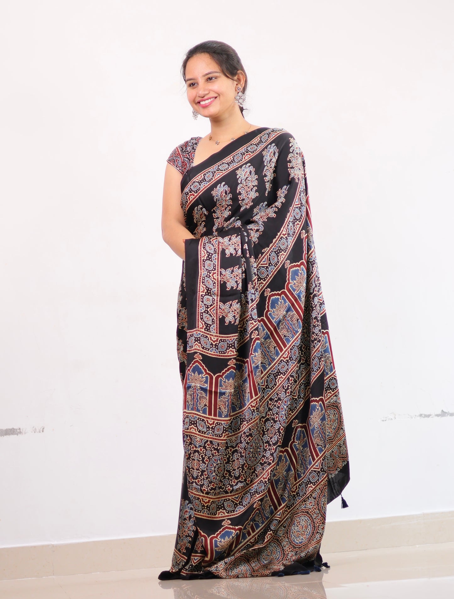 Black Ajrakh Modal Silk Saree