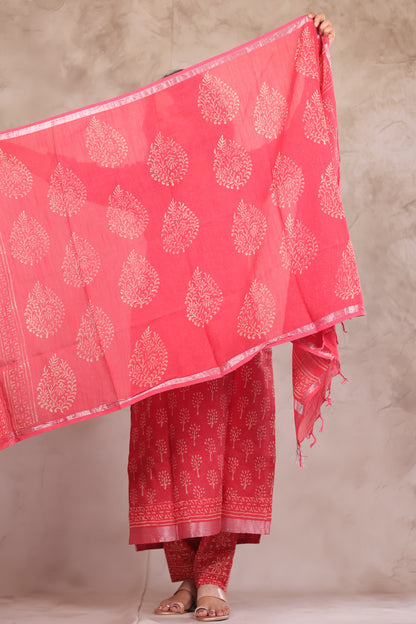 Pink Linen Cotton Handblock printed 3 piece suit (stitched)