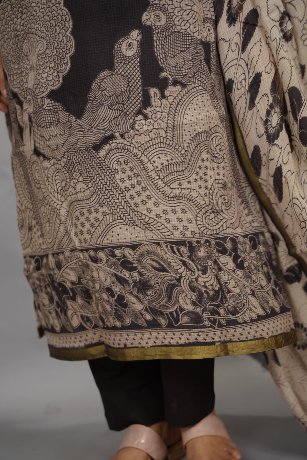 Black Kalamkari Kota Cotton 3 piece suit (stitched) | Looms & Tassels
