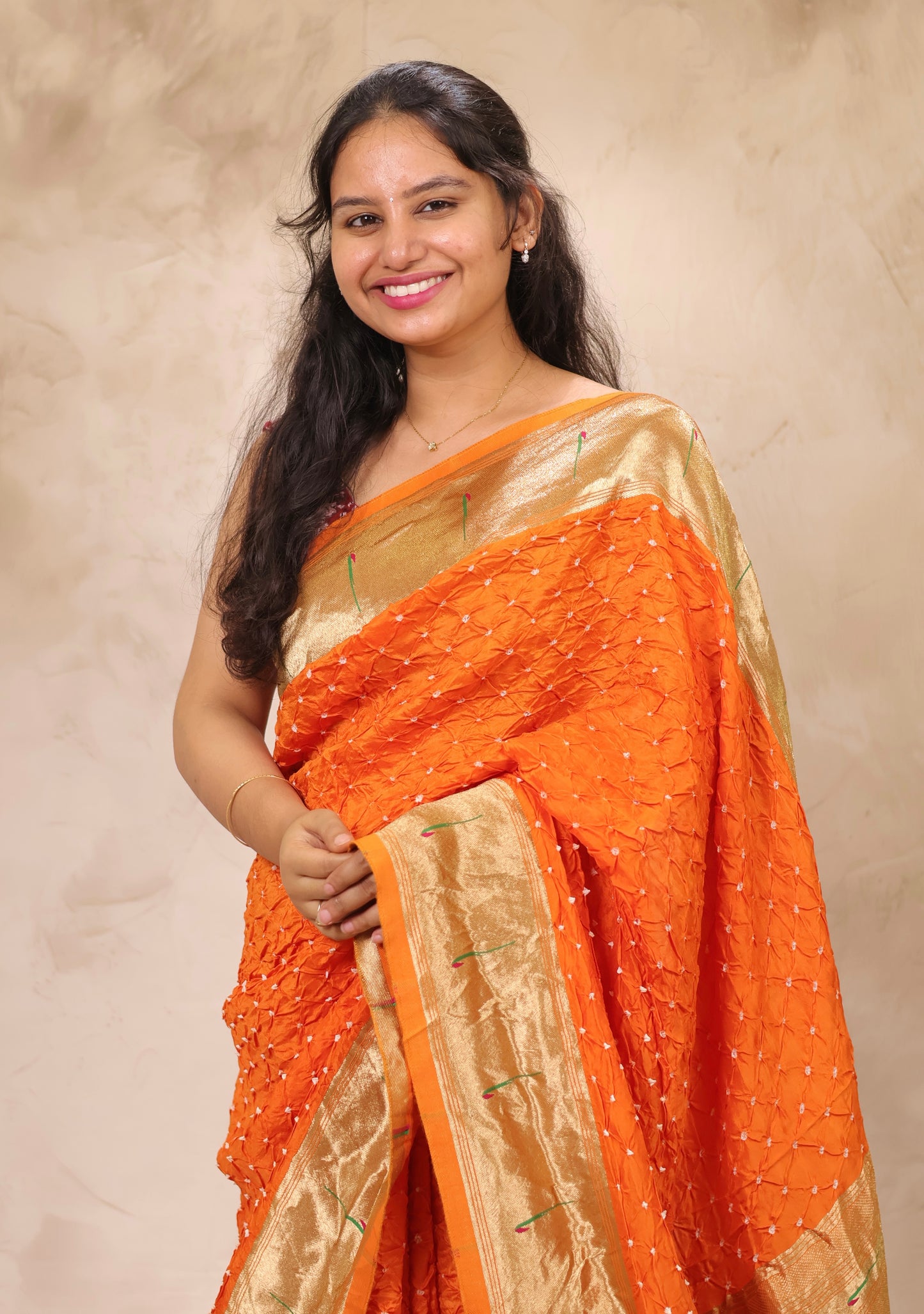 Orange Handcrafted Bandhani Paithani Dola Silk Saree | Looms & Tassels