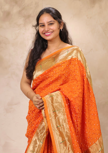 Orange Handcrafted Bandhani Paithani Dola Silk Saree | Looms & Tassels