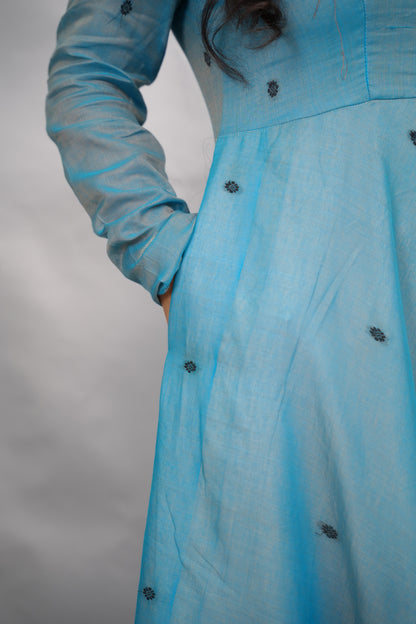 Sky Blue Ajrakh Patch Work Narayanpet Cotton Anarkali Dress with Ajrakh Modal Silk Dupatta | Looms & Tassels
