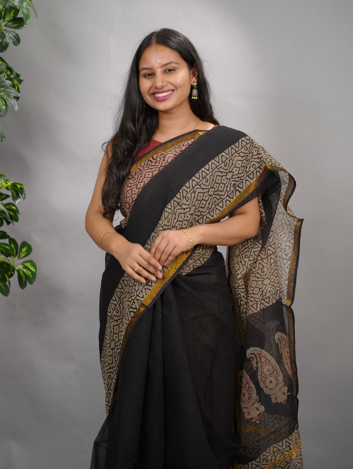 Black Pure Kota Doria Saree with Bagru Handblock Prints