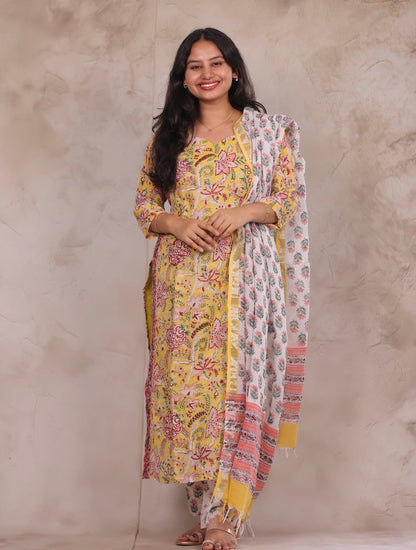Yellow Linen Cotton Handblock printed 3 piece suit (stitched)