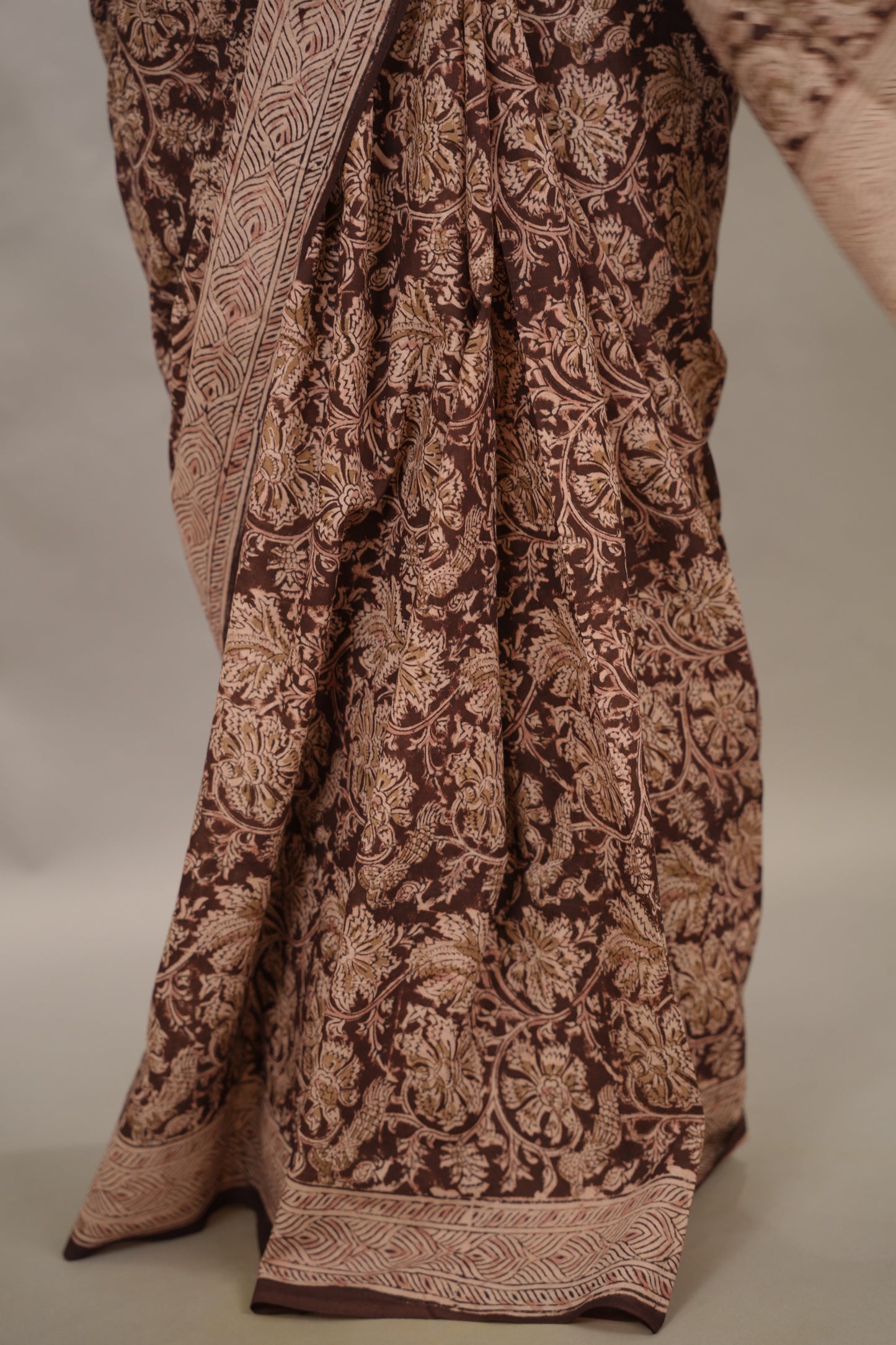 Maroon Hand Block Printed Kalamkari Cotton Saree | Looms & Tassels