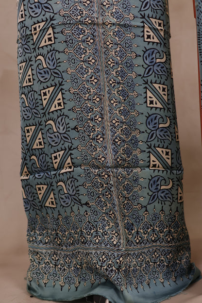 Sky Blue Ajrakh Hand Block Printed Natural Dyed Modal Silk 2 Piece Suit Set | Looms & Tassels