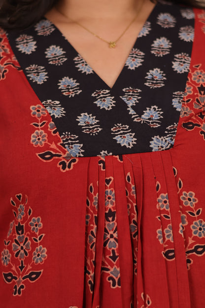 Red Pure Mul Cotton Ajrakh Patchwork Aline Kurta | Looms & Tassels