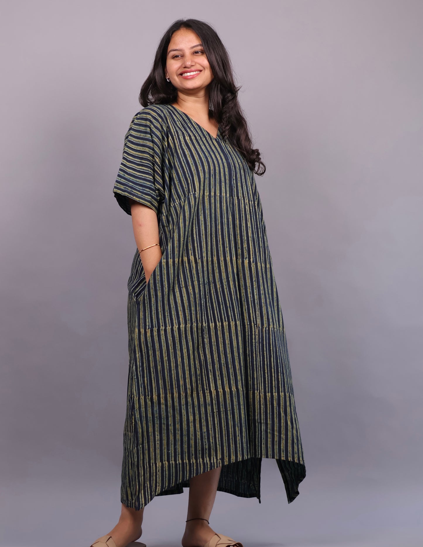 Indigo Ajrakh Handblock Printed Cotton Kaftan – Elegant & Breathable Ethnic Wear | Looms & Tassels